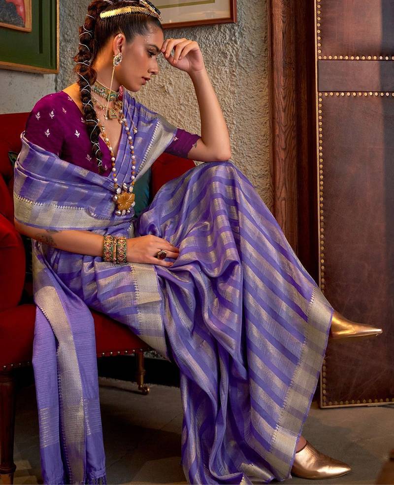 lavender striped woven design banarasi saree