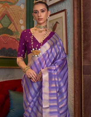 lavender striped woven design banarasi saree 3