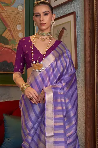 lavender striped woven design banarasi saree