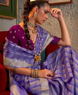 lavender striped woven design banarasi saree 4