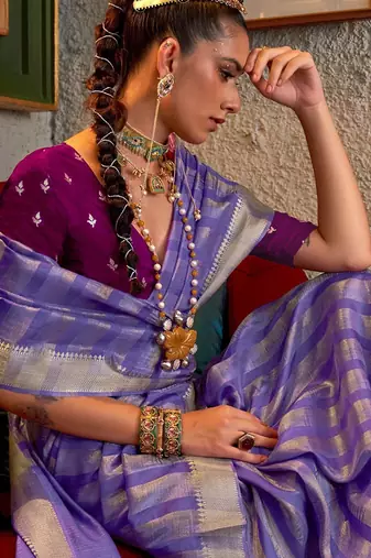 lavender striped woven design banarasi saree