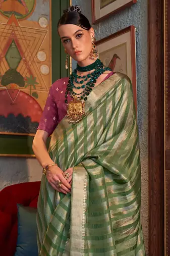 green striped zari banarasi saree