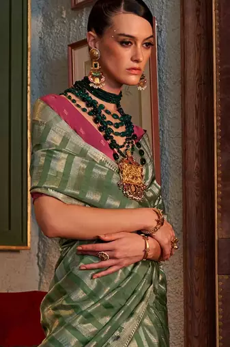 green striped zari banarasi saree