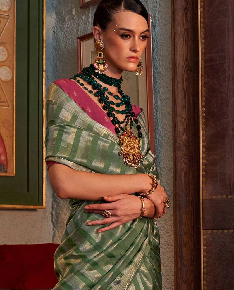 green striped zari banarasi saree