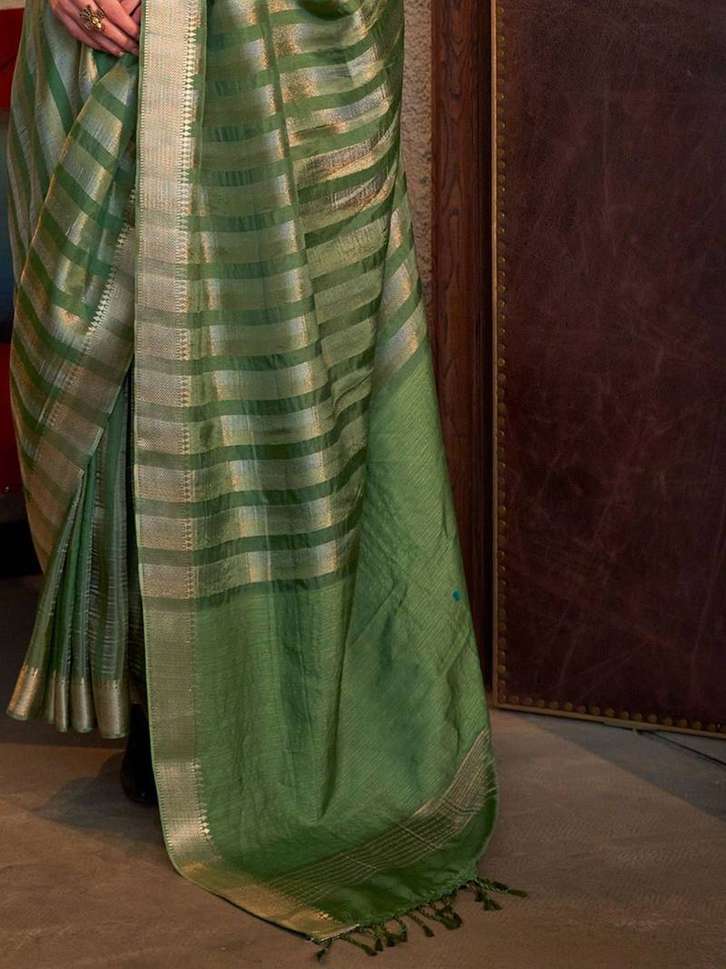 green striped zari banarasi saree