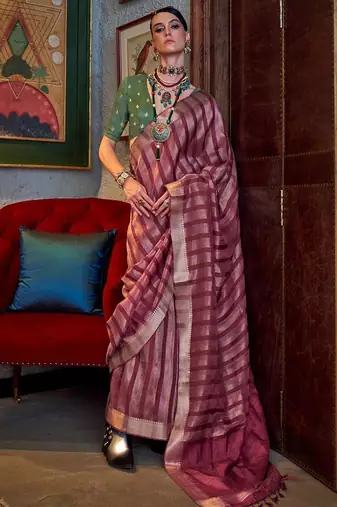 Pink green floral embroidered silk blend saree