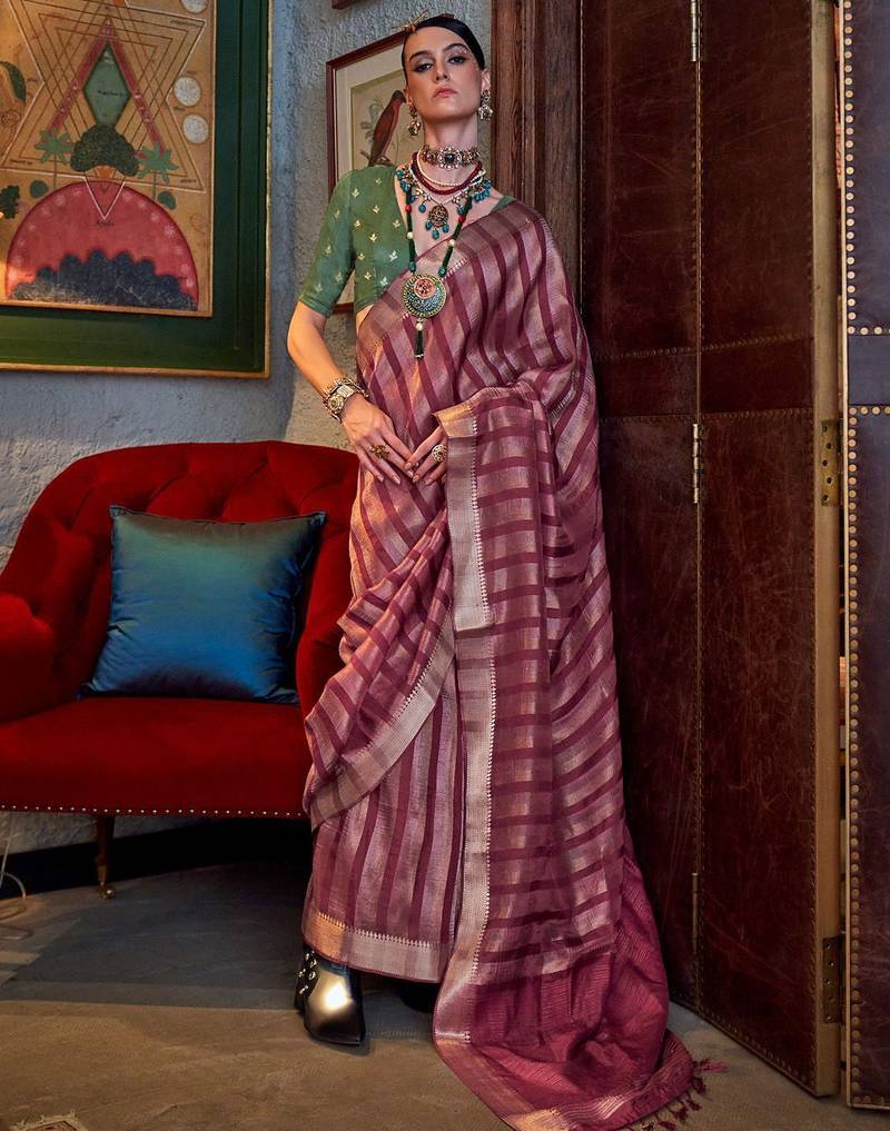 Pink green floral embroidered silk blend saree