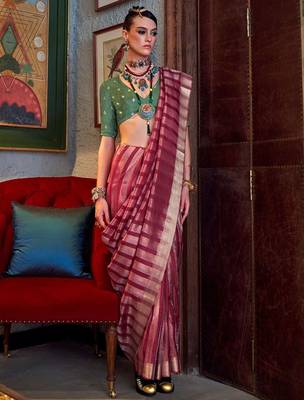 Pink green floral embroidered silk blend saree 2