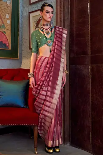 Pink green floral embroidered silk blend saree