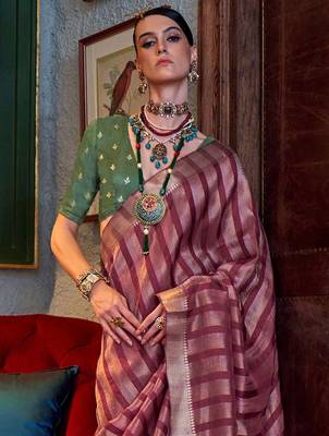 Pink green floral embroidered silk blend saree 3