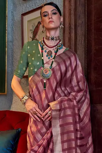 Pink green floral embroidered silk blend saree