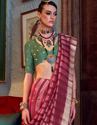 Pink green floral embroidered silk blend saree 4