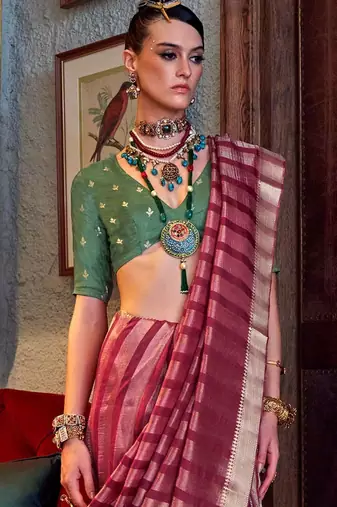 Pink green floral embroidered silk blend saree