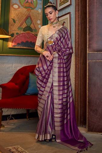 purple striped woven design banarasi saree