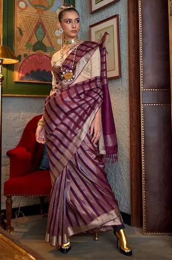 purple striped woven design banarasi saree