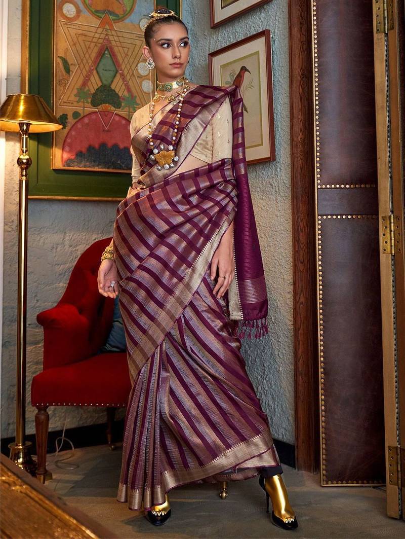 purple striped woven design banarasi saree