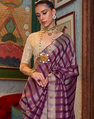 purple striped woven design banarasi saree 3