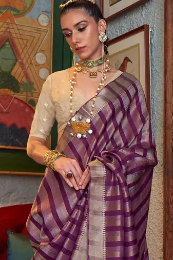 purple striped woven design banarasi saree