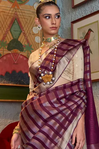 purple striped woven design banarasi saree