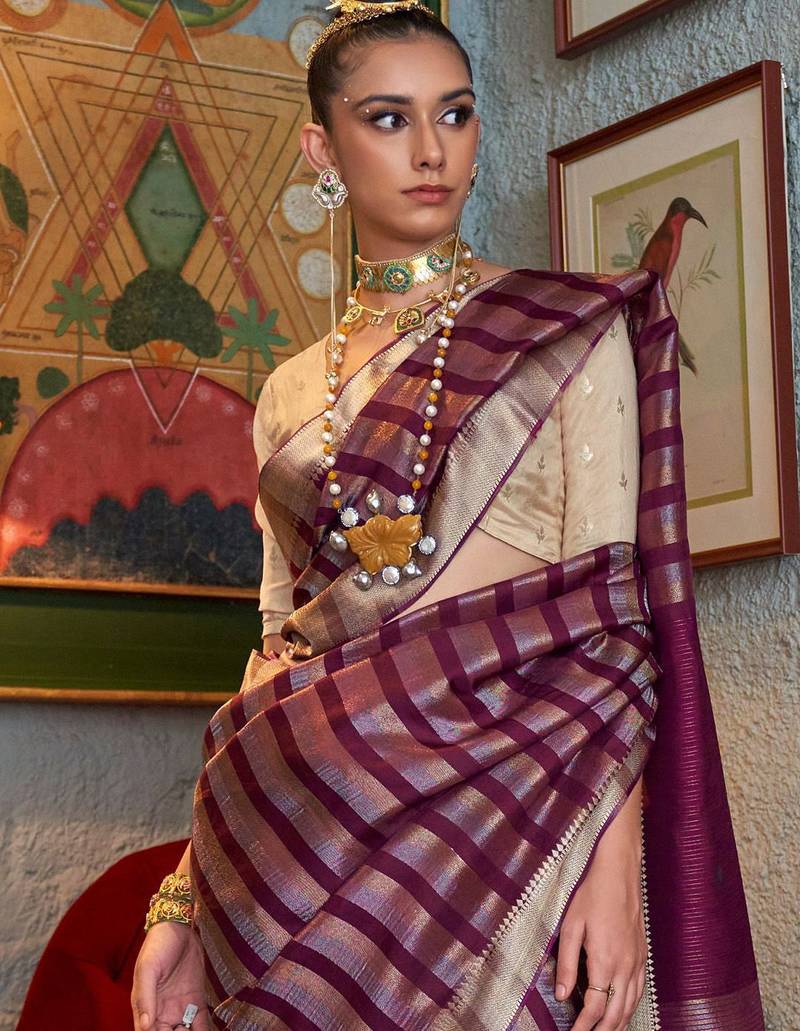 purple striped woven design banarasi saree
