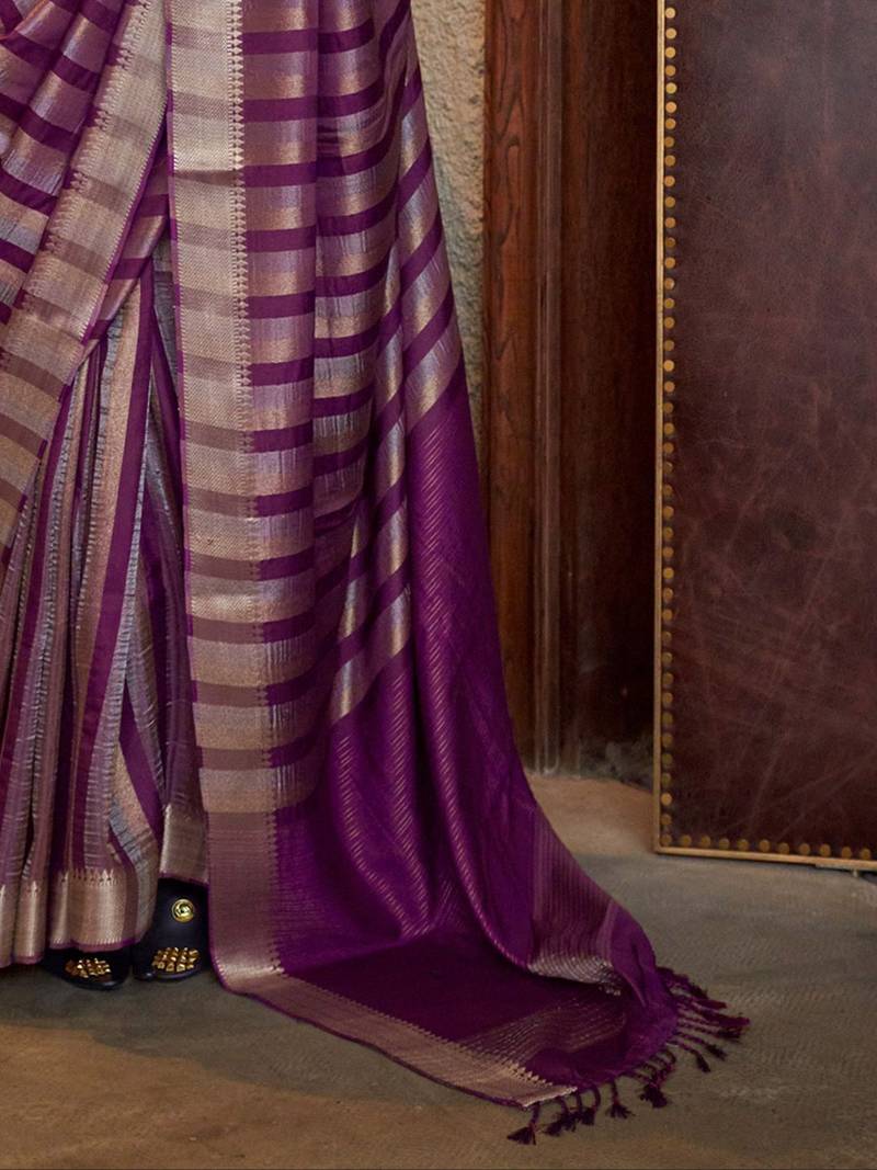 purple striped woven design banarasi saree