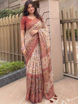 off_white kalamkari pure cotton saree 1