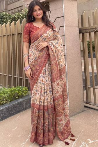 off_white kalamkari pure cotton saree