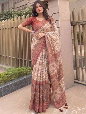 off_white kalamkari pure cotton saree 4