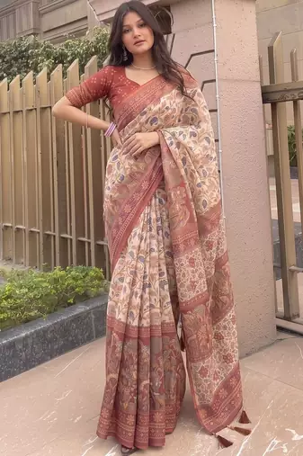 off_white kalamkari pure cotton saree