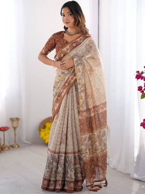 cream ethnic motifs printed pure cotton saree 1