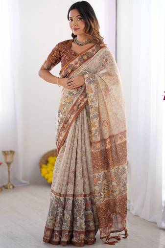 cream ethnic motifs printed pure cotton saree