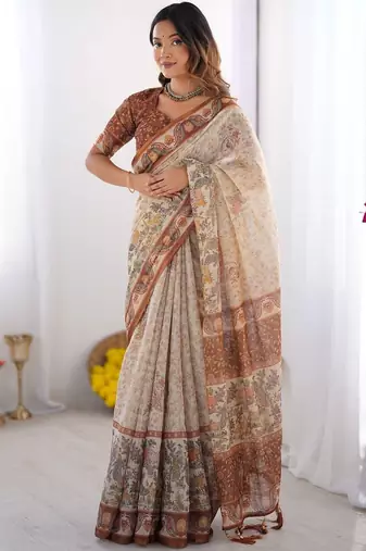 cream ethnic motifs printed pure cotton saree