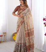 cream ethnic motifs printed pure cotton saree