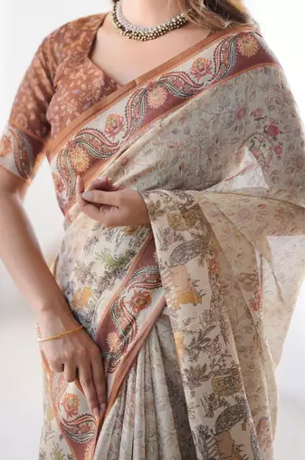 cream ethnic motifs printed pure cotton saree