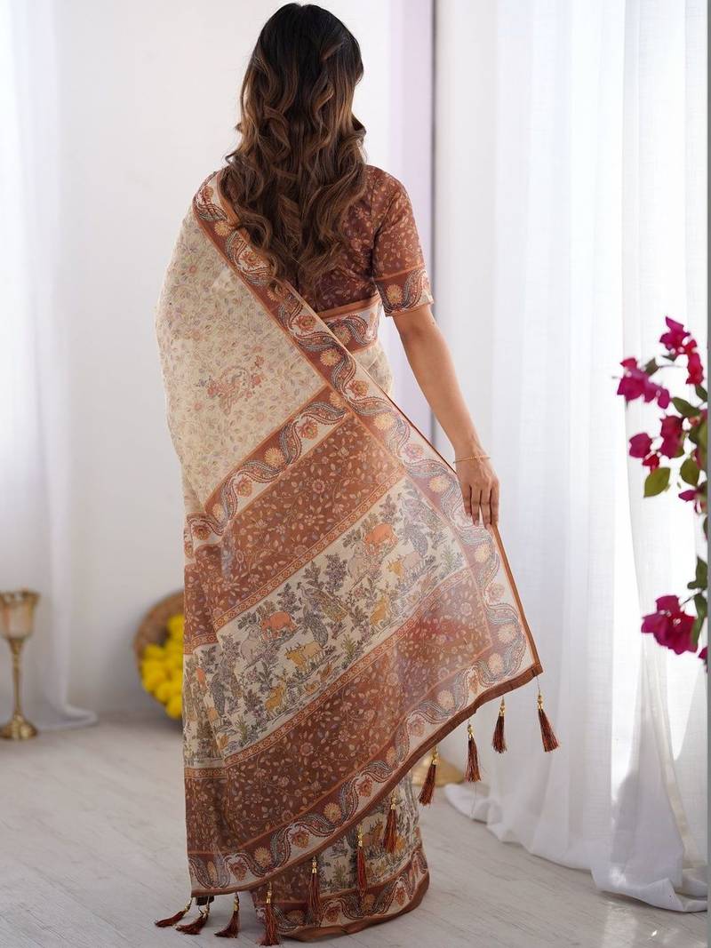 cream ethnic motifs printed pure cotton saree