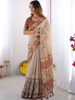 cream ethnic motifs printed pure cotton saree 4