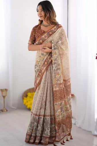 cream ethnic motifs printed pure cotton saree