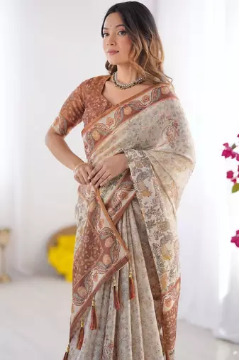 cream ethnic motifs printed pure cotton saree