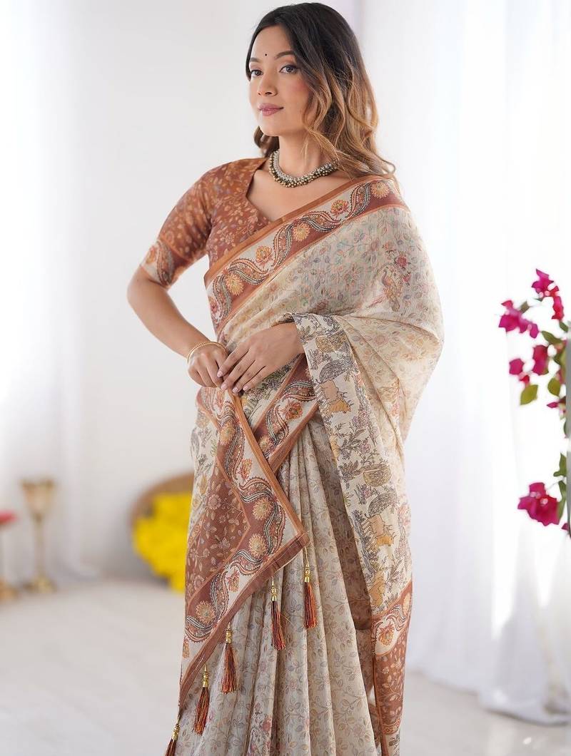 cream ethnic motifs printed pure cotton saree