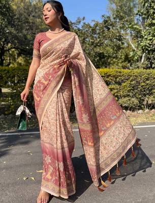 cream ethnic motifs printed pure cotton saree 1