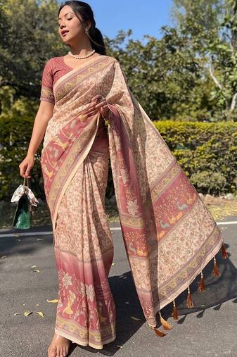 cream ethnic motifs printed pure cotton saree