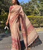cream ethnic motifs printed pure cotton saree