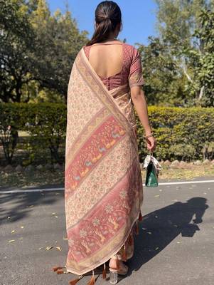 cream ethnic motifs printed pure cotton saree 2