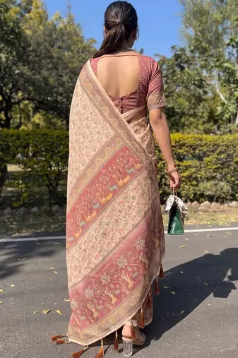 cream ethnic motifs printed pure cotton saree