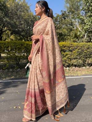 cream ethnic motifs printed pure cotton saree 3