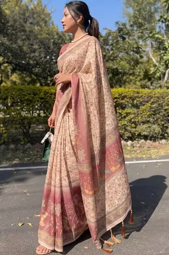 cream ethnic motifs printed pure cotton saree