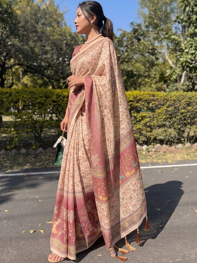 cream ethnic motifs printed pure cotton saree