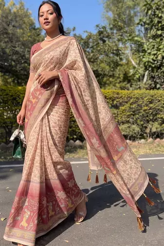 cream ethnic motifs printed pure cotton saree