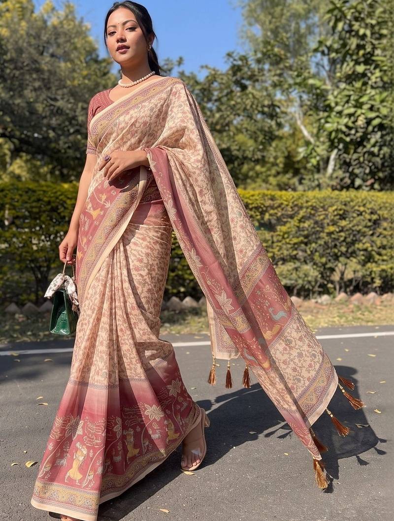 cream ethnic motifs printed pure cotton saree