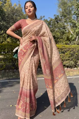 cream ethnic motifs printed pure cotton saree